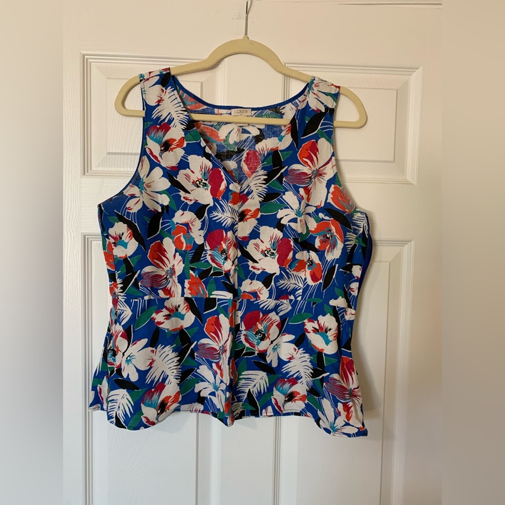 J. Crew Multicolored Sleeveless Floral Tropical Peplum Linen Cotton Top Size 14